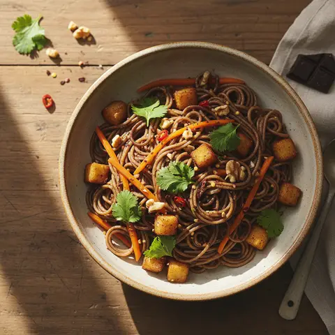 Neuinterpretiertes Pad Thai mit Nudeln und dunkler Schokolade