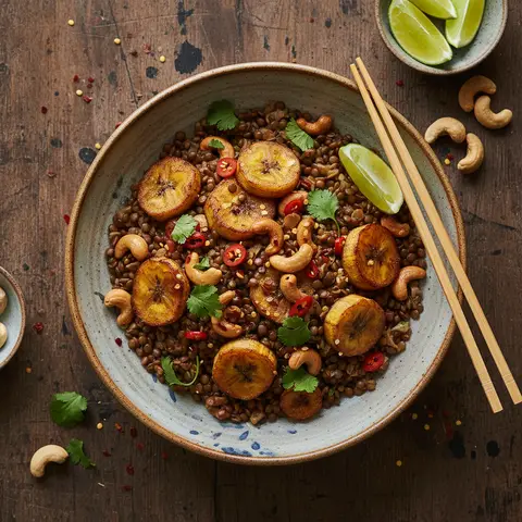 Pad Thai mit Linsen, Kochbanane und Cashewkernen