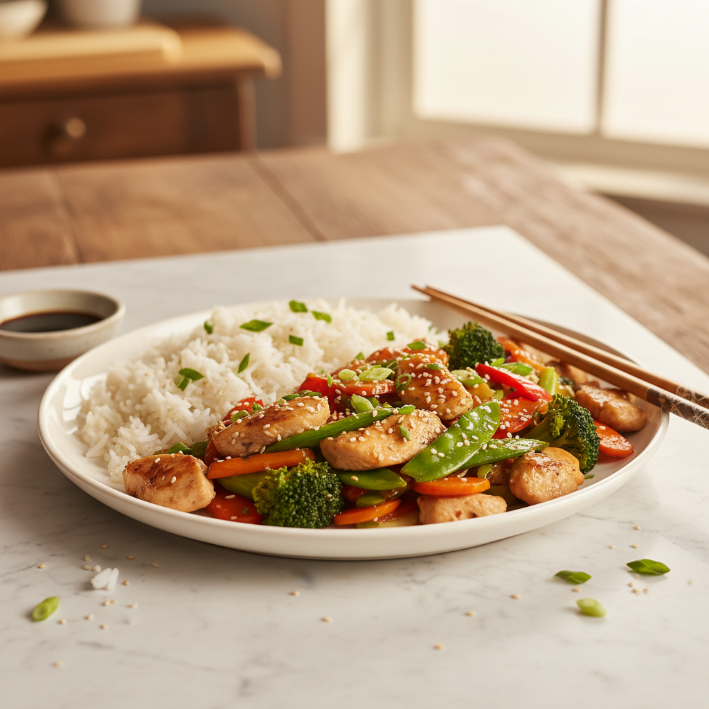 Poulet sauté à la sauce soja avec riz et légumes