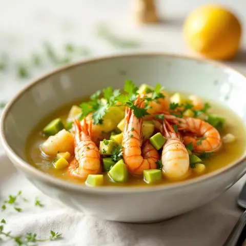 Ceviche de crevettes à l'avocat et concombre