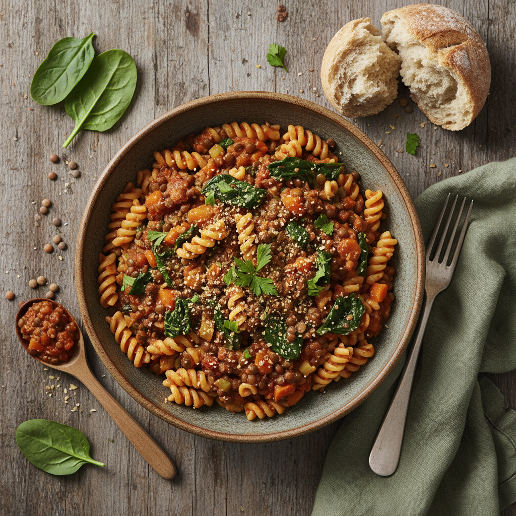Pâtes à la sauce de lentilles et épinards (Bolognaise végétarienne)