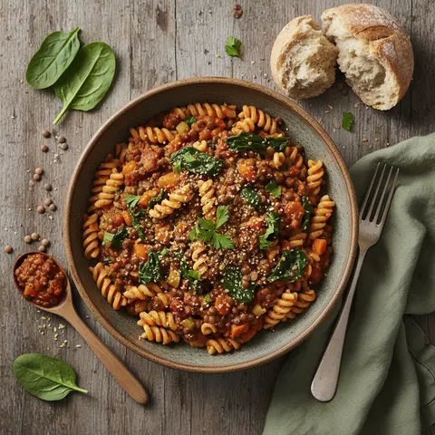Pasta with Lentil and Spinach Sauce (Vegetarian Bolognese)