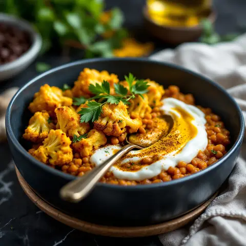 Chou-Fleur Rôti Sauté aux Lentilles Corail et Curry (Indienne)