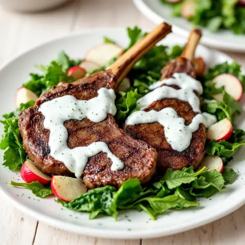 Côtelette d'agneau sautée aux épinards et radis, sauce yaourt-menthe