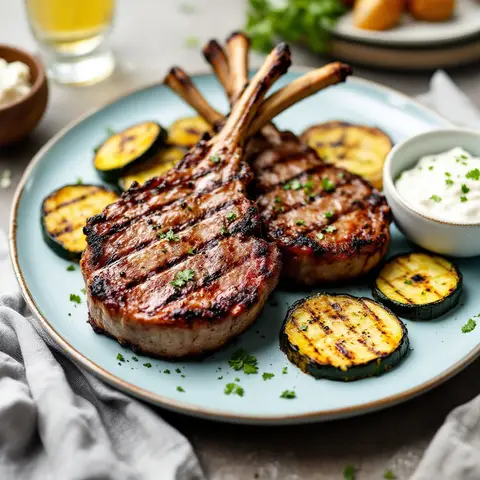 Côtelettes d'agneau à la grecque, courgettes grillées et tzatziki simplifié