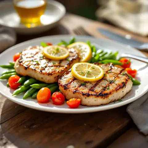 Côtes de porc marinées au citron et herbes, haricots verts et tomates cerises