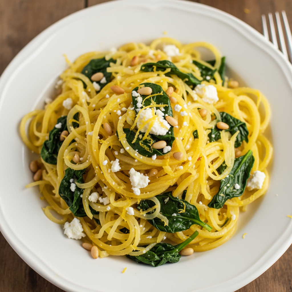 Spaghetti de courge & feta épinards pignons citron