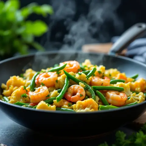 Crevettes au curry vert, haricots verts et chou-fleur