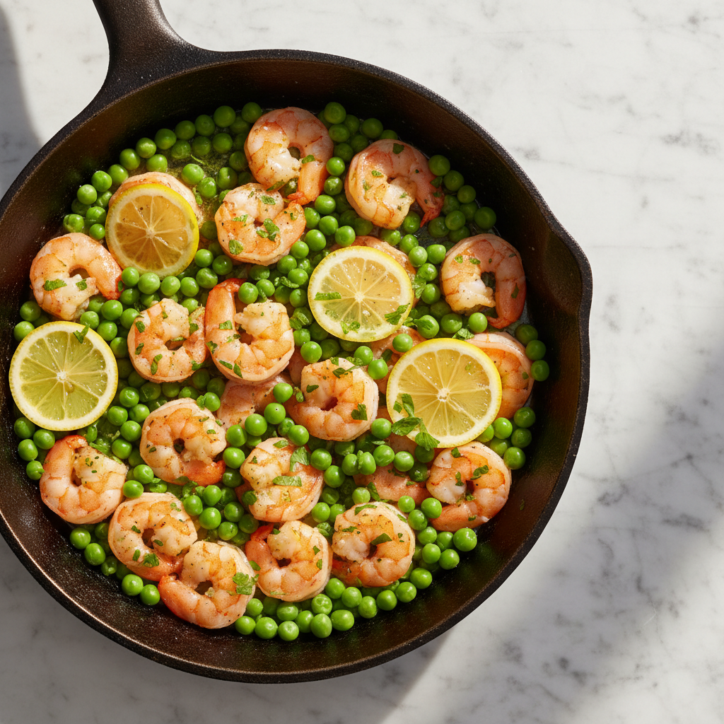 Crevettes poêlées petit pois & citron