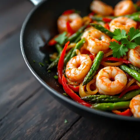 Crevettes sautées à la thaïe et asperges vertes