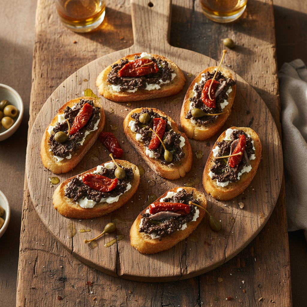 Crostini tapenade & fromage frais tomate séchée câpres