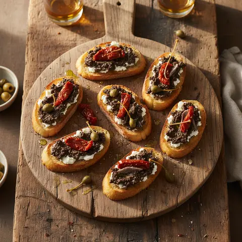 Crostini tapenade & fromage frais tomate séchée câpres