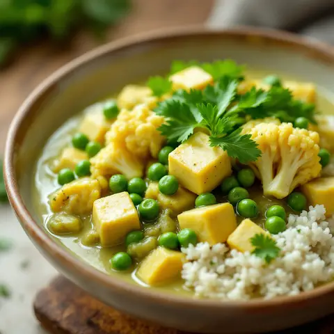 Curry Vert de Tofu au Chou-Fleur et Petits Pois