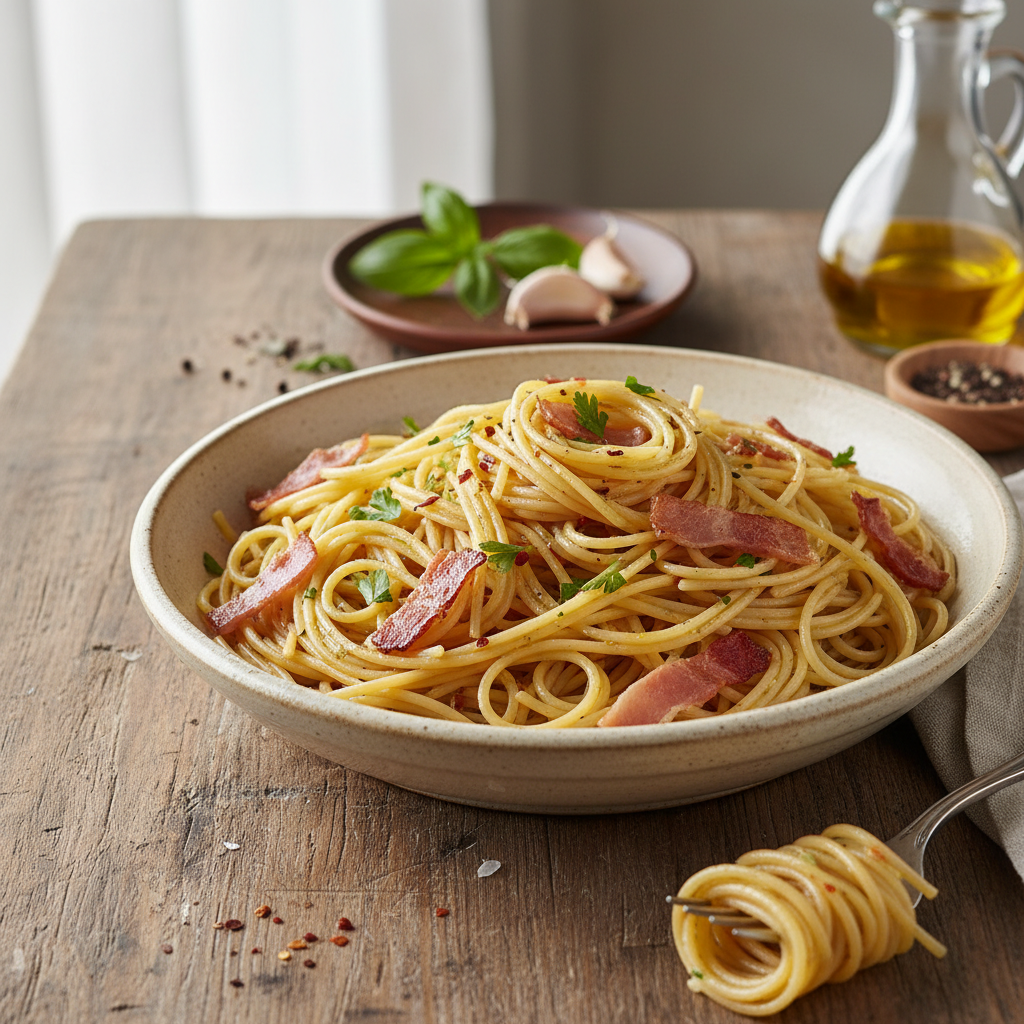 Spaghettis à l'Huile et Jambon Poêlé