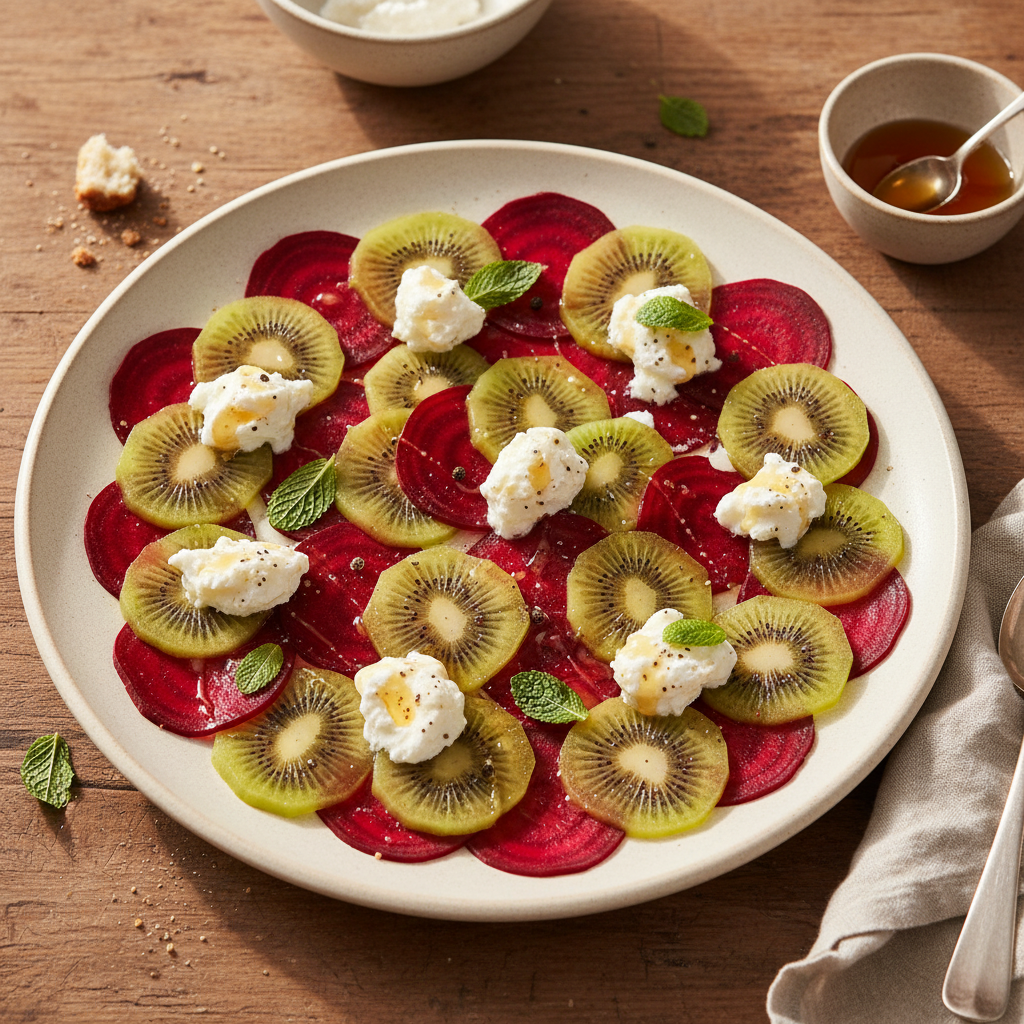 Carpaccio de Betterave et Kiwi avec Fromage Frais et Miel