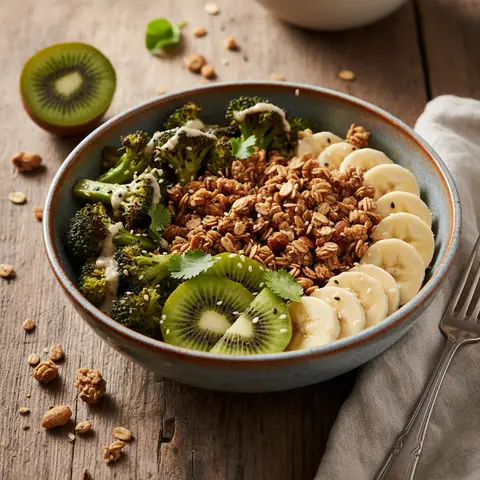 Fusion Bowl: Brocoli Rôti, Kiwis, Banane et Granola Fait Maison