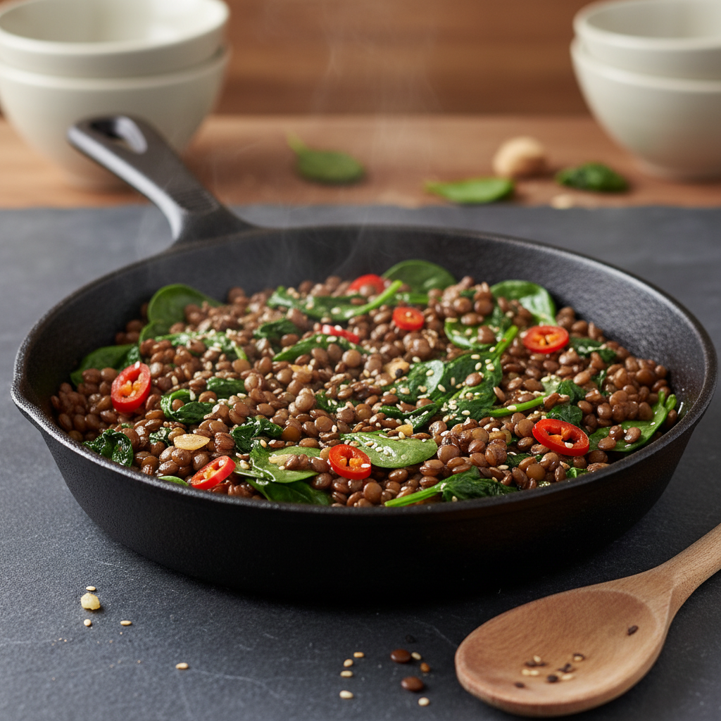 Sauté de lentilles et épinards à l'ail