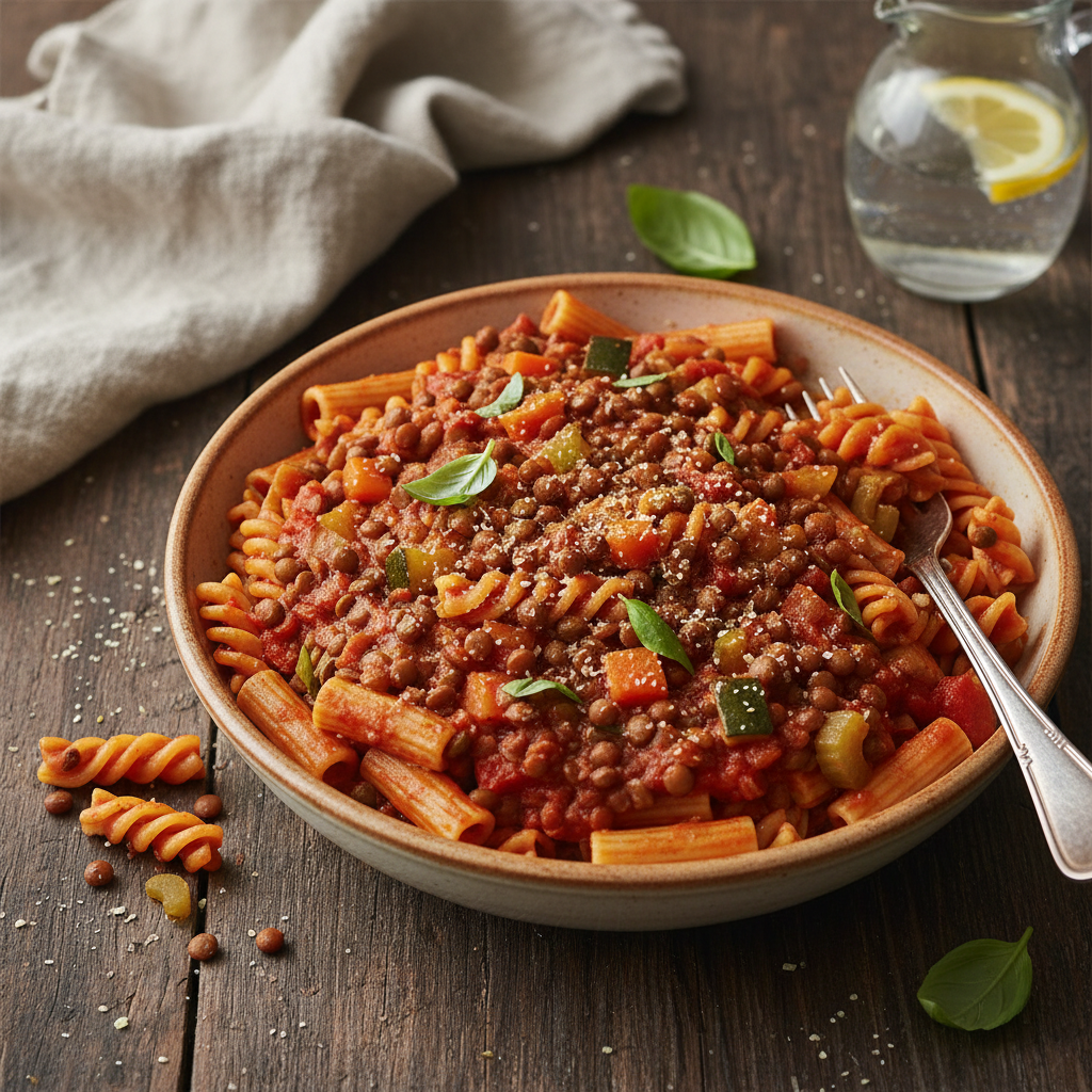 Pâtes aux lentilles, sauce tomate et légumes sautés (Bolognaise végétalienne)