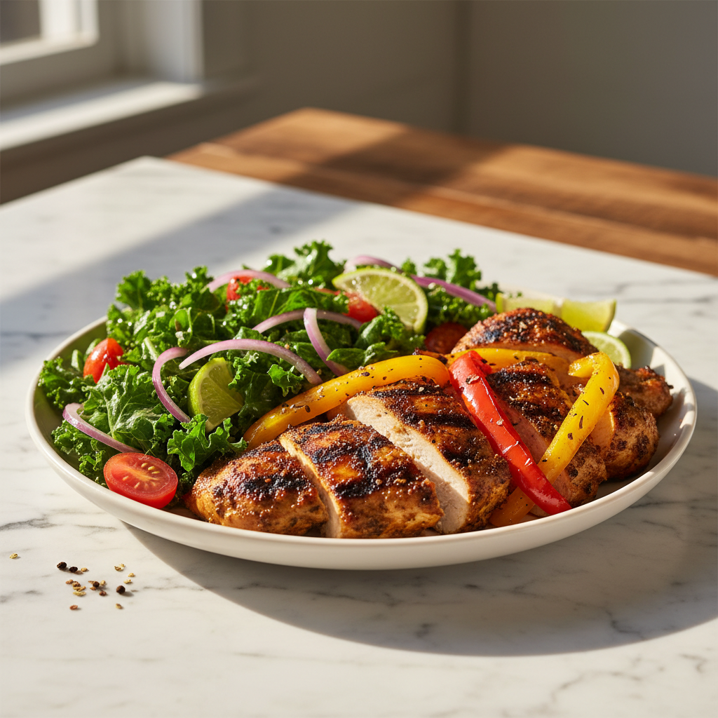 Poulet jerk grillé, chou kale massé et poivrons
