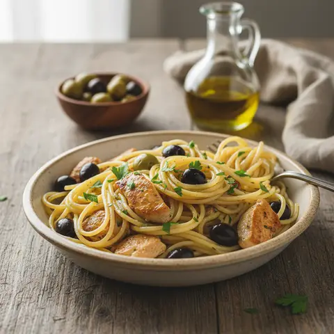 Pasta mit Hähnchen und Oliven