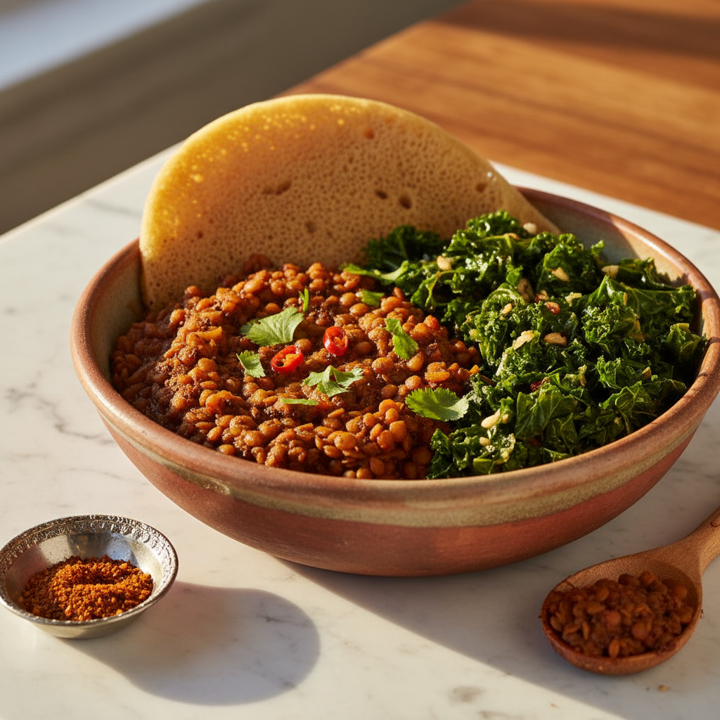 Bowl éthiopien aux lentilles épicées et chou kale