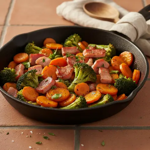 Pan-Seared Carrots, Broccoli, and Ham