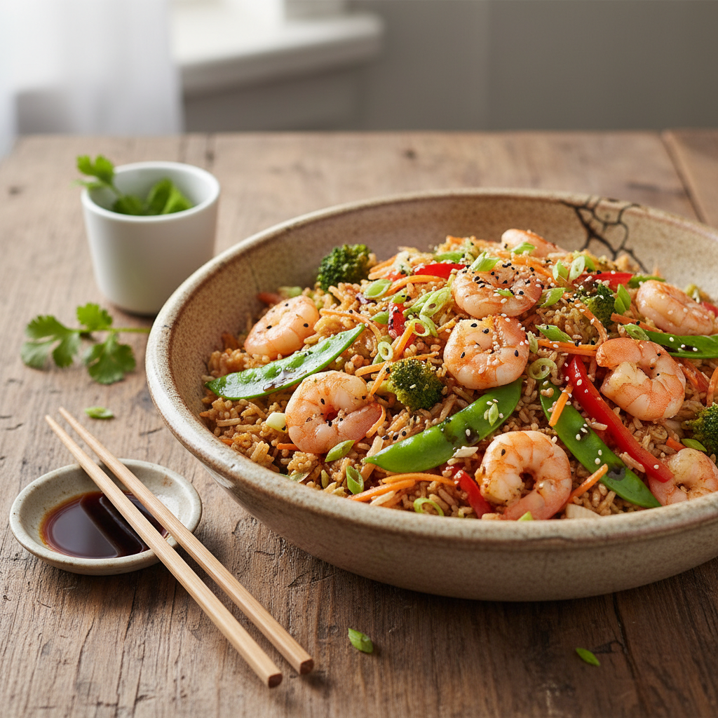 Riz sauté aux crevettes et légumes