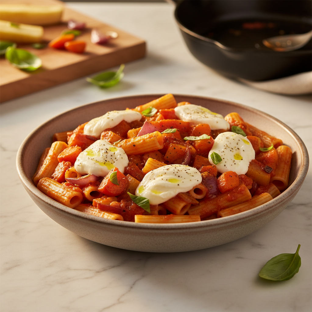 Pâtes à la sauce tomate et légumes rôtis