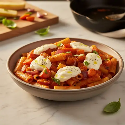 Nudeln mit Tomatensauce und geröstetem Gemüse