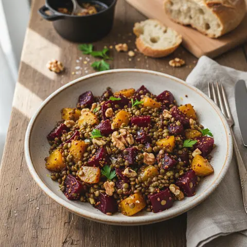 Warm Beet and Lentil Salad with Walnuts
