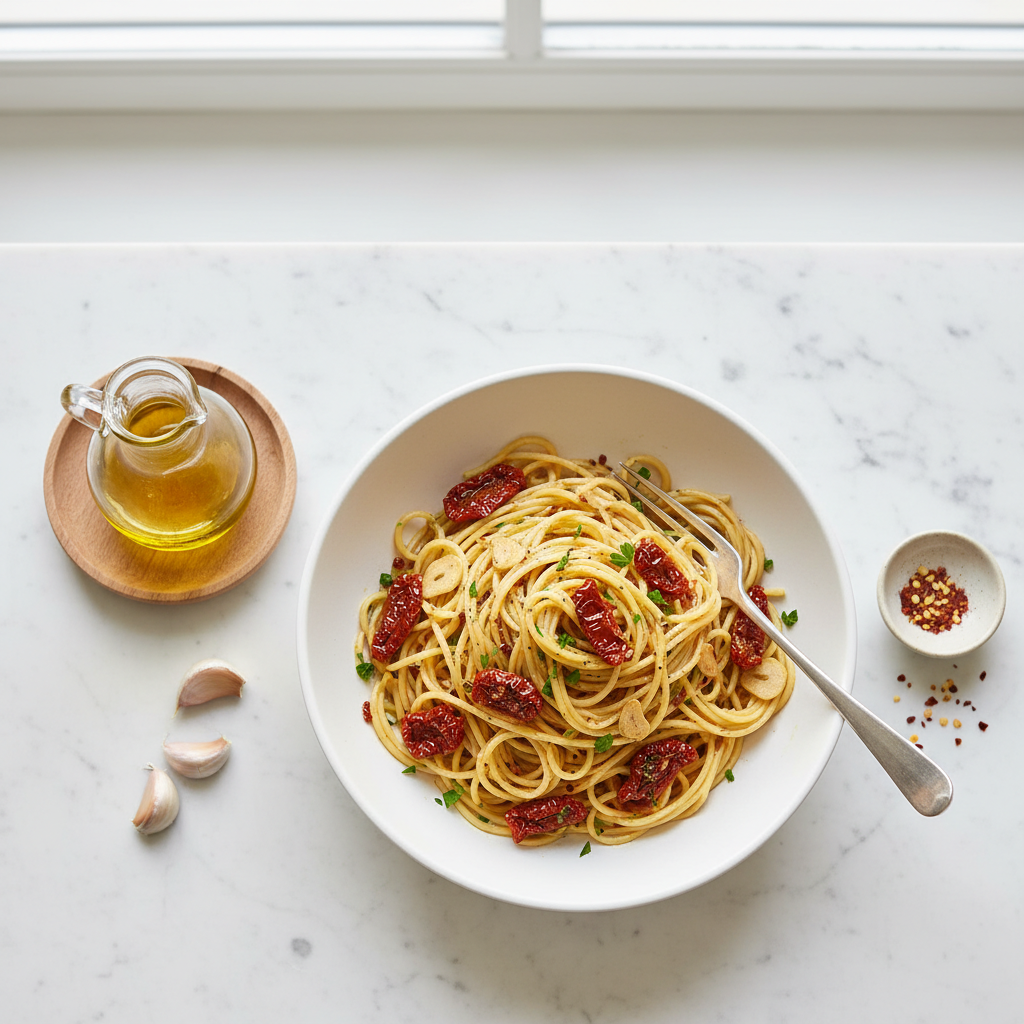 Spaghettis aglio e olio aux tomates séchées