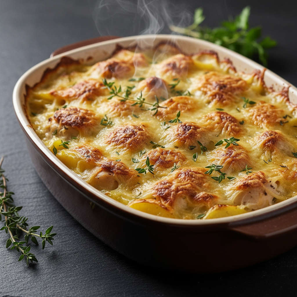 Gratin de poulet, pommes de terre et fromage