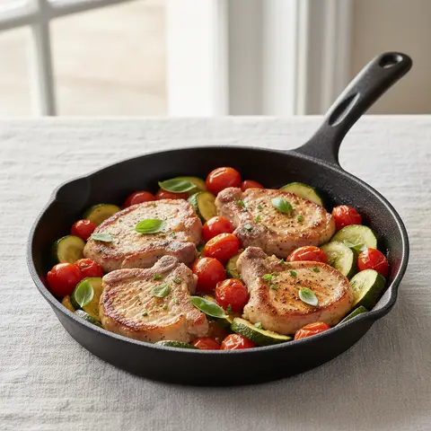 Pan-Seared Pork Chops with Zucchini and Cherry Tomatoes