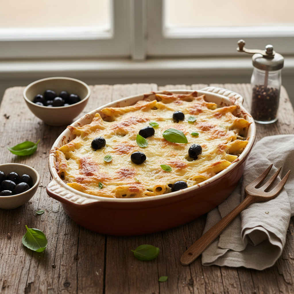 Penne Crémeuses aux Olives et Gruyère