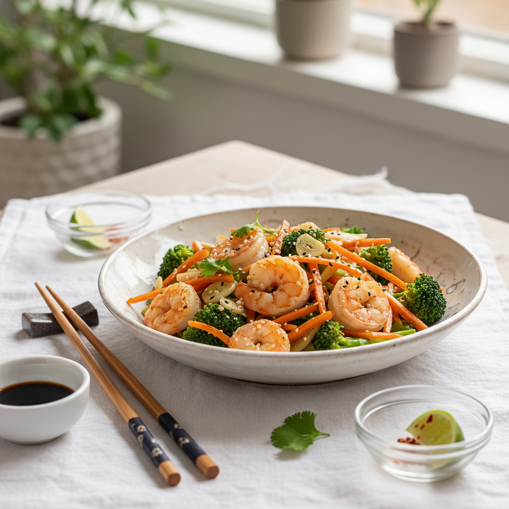 Poêlée Brocoli-Carotte aux Crevettes