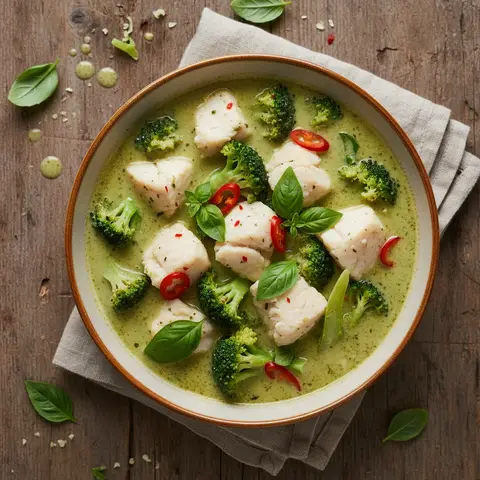 Seeteufelsuppe mit grünem Curry und Brokkoli