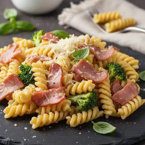 Homemade Carbonara Pasta with Ham and Broccoli
