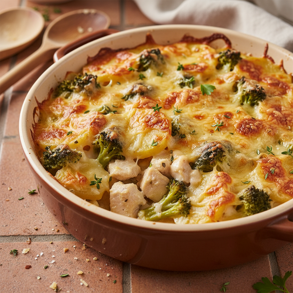 Gratin de poulet aux pommes de terre et brocoli