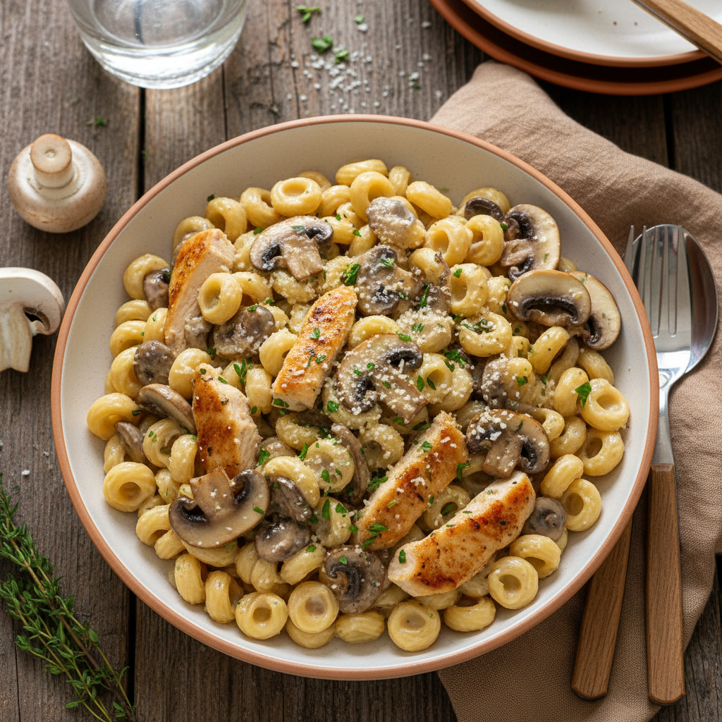 Coquillettes Crémeuses aux Champignons et Poulet