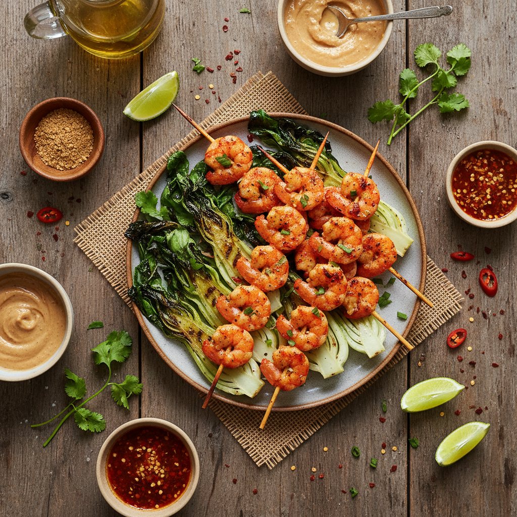 Brochettes de crevettes thaï et pak choï grillé