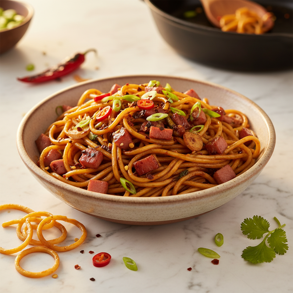 Nouilles Sautées au Jambon et Sauce Chocolatée Épicée