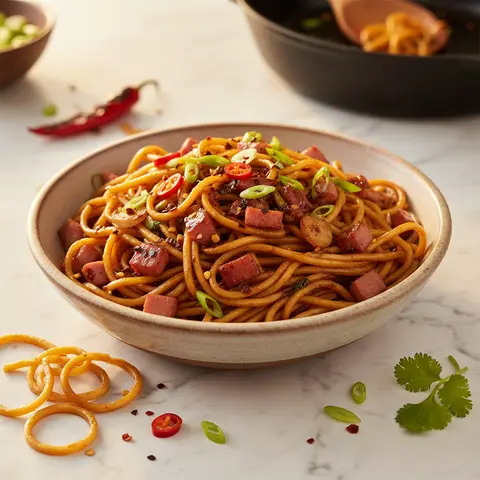 Stir-Fried Noodles with Ham and Spicy Chocolate Sauce