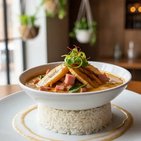 Grünes Thai-Curry mit Bananen und Schinken in Kokosmilch