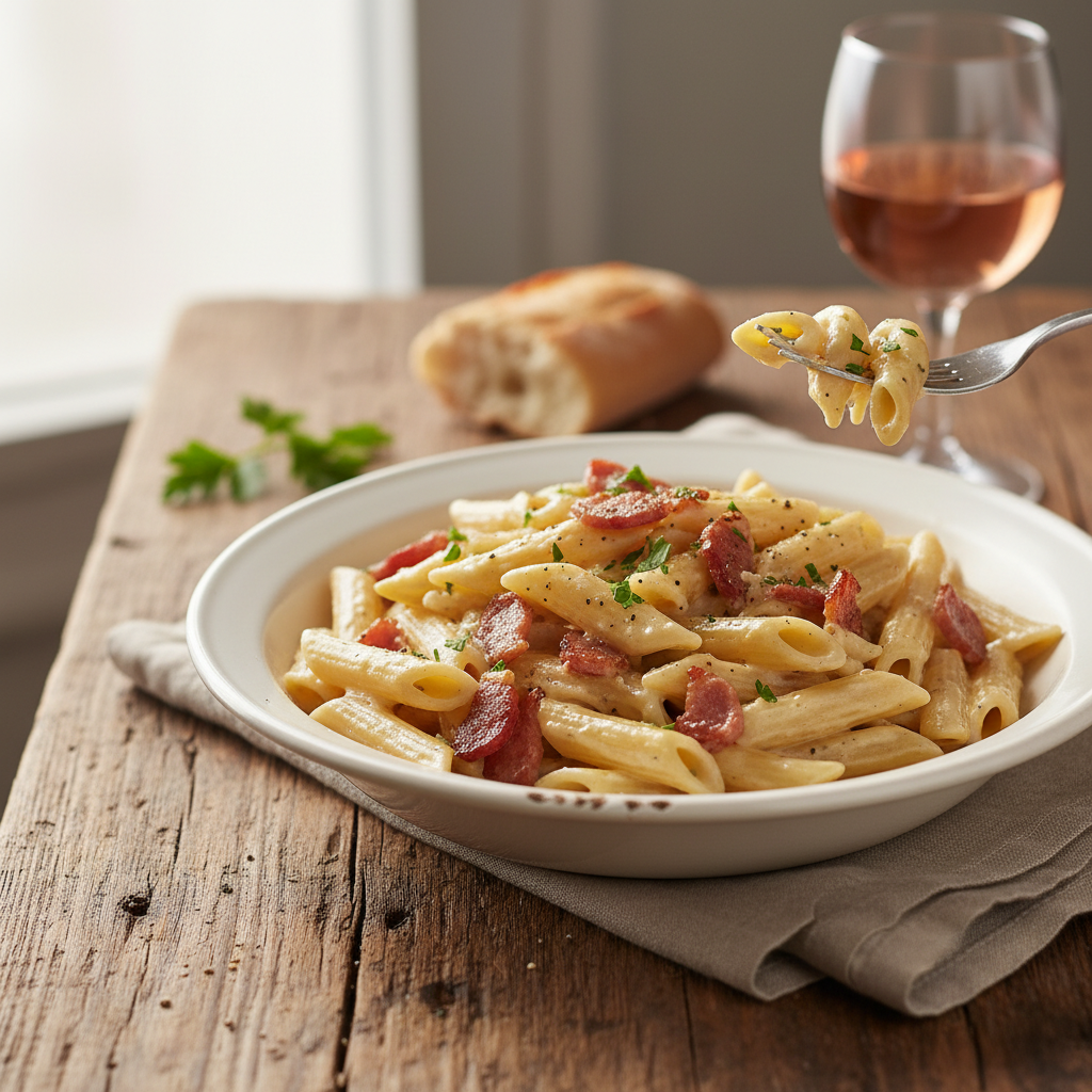Penne à la crème et lardons