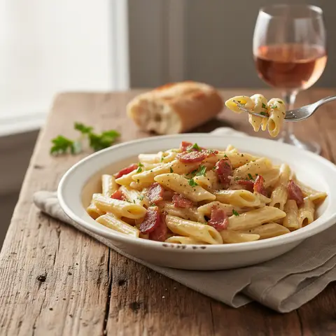 Penne mit Sahne und Speck