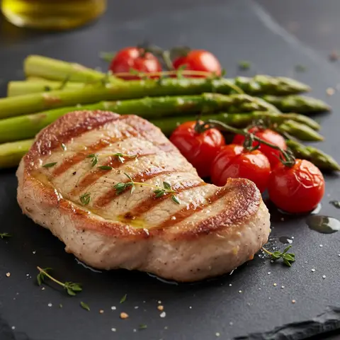 Grilled Veal Cutlets with Asparagus and Cherry Tomatoes