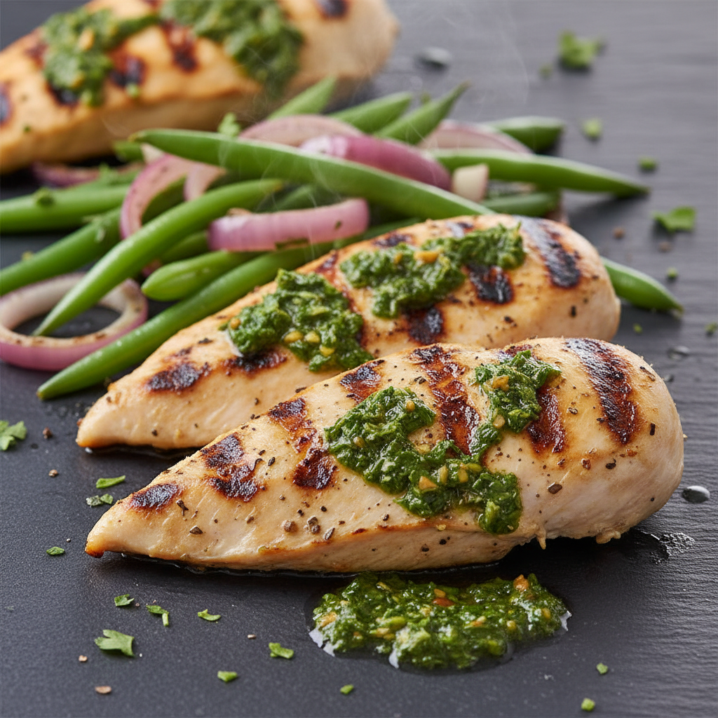 Poulet grillé au chimichurri, haricots verts et oignons rouges