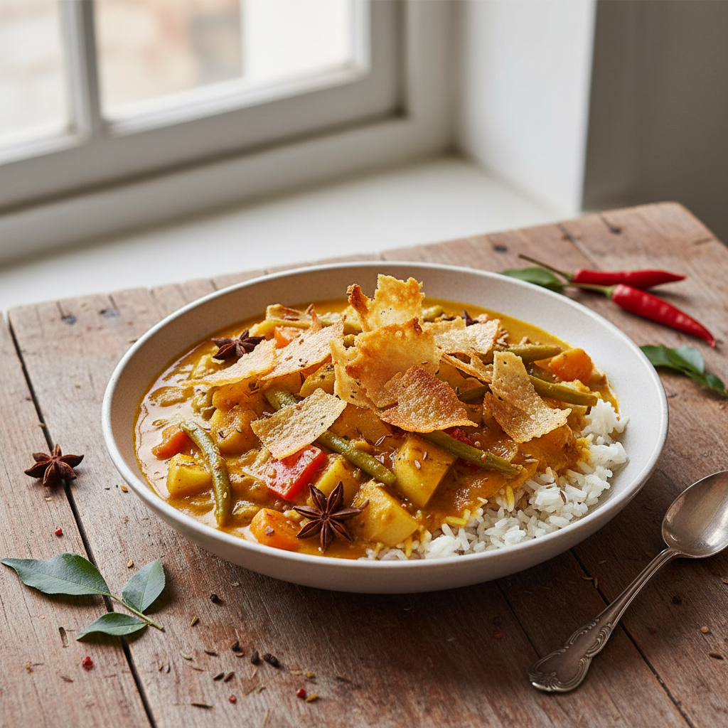 Curry de Légumes-Fruits avec Riz et Gruyère Croustillant