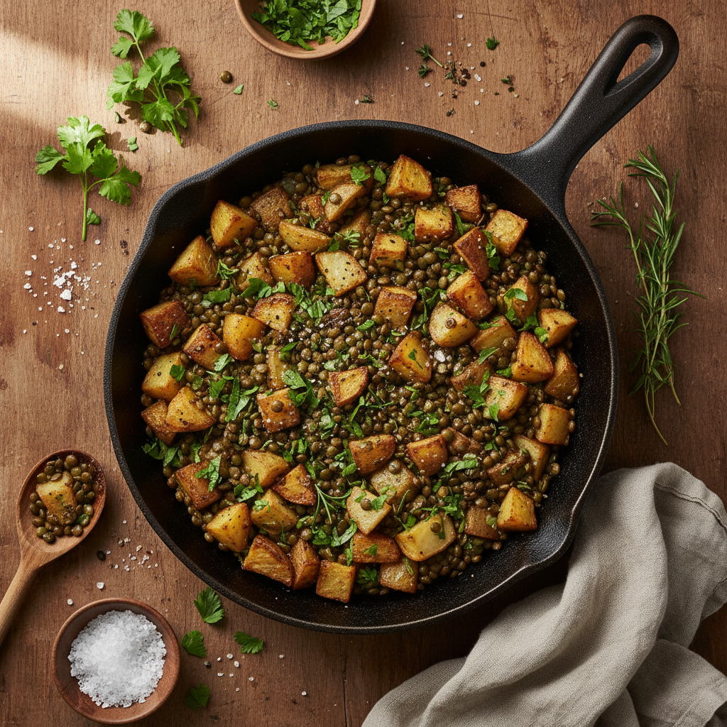 Poêlée de pommes de terre et lentilles aux herbes