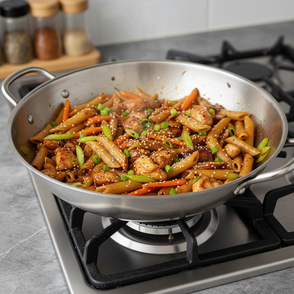 Wok de Penne, Poulet et Légumes à l'Asiatique